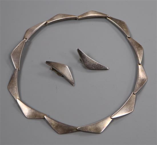 A Danish Hans Hansen 925S triangular link necklace, no.315 and a pair of similar ear clips, no.432. necklace 34cm.